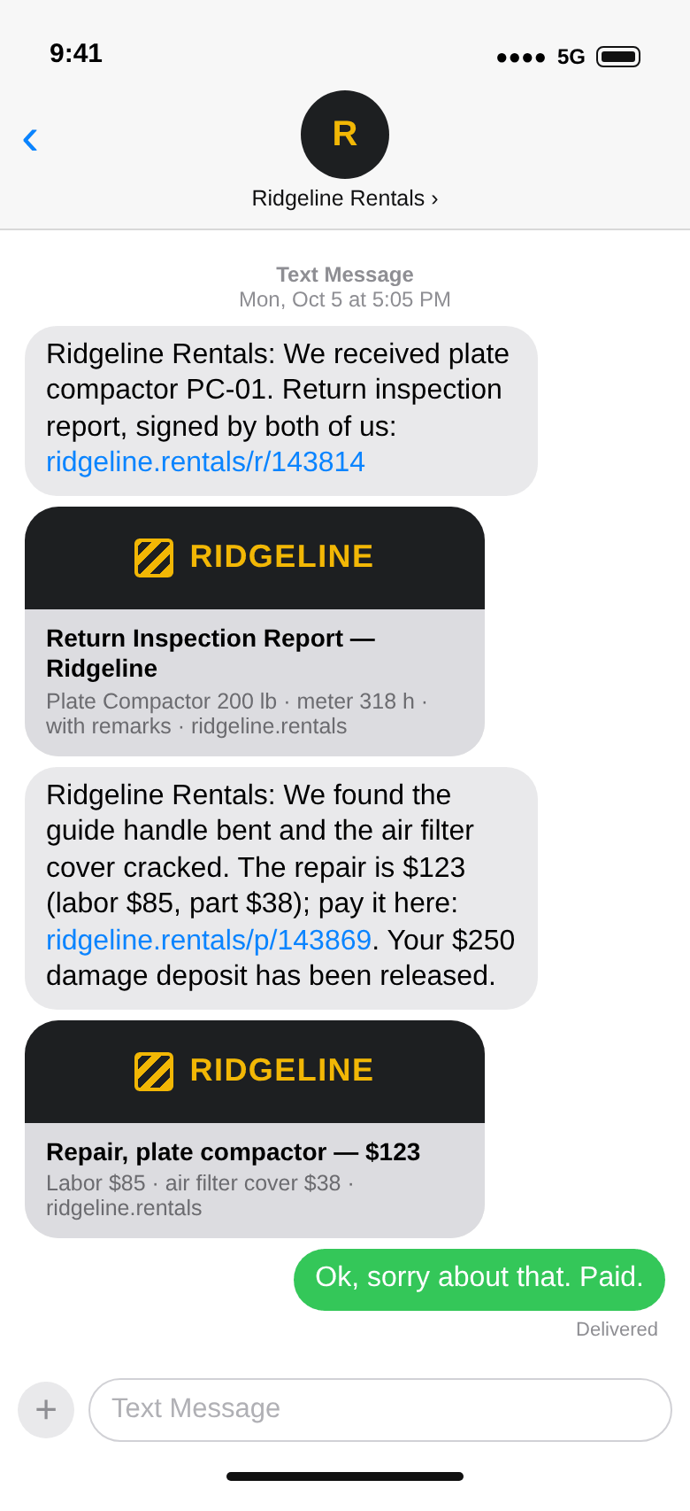 Text messages to the customer: the return inspection report, the $123 repair with its payment link and the deposit released