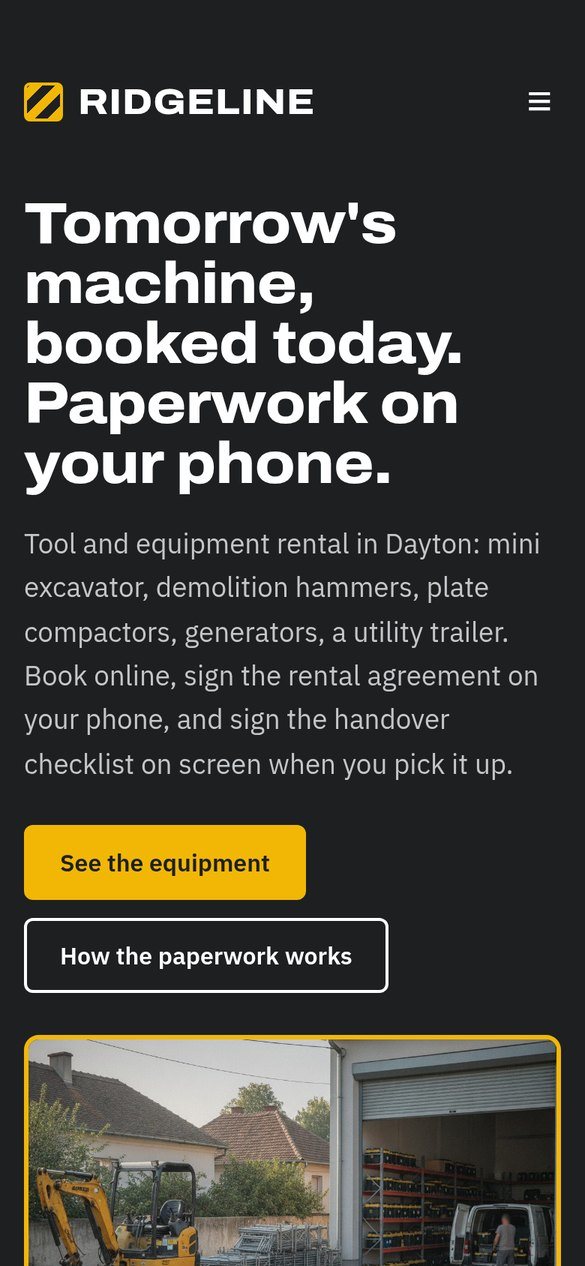 The Ridgeline Rentals website on a phone: the equipment and the paperwork on the phone