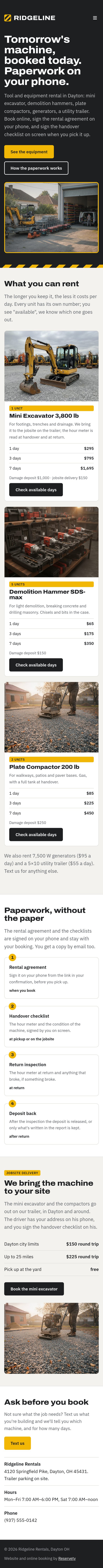 The Ridgeline Rentals website on a phone: “Tomorrow’s machine, booked today. Paperwork on your phone.”, the equipment with prices, the paperwork in four steps