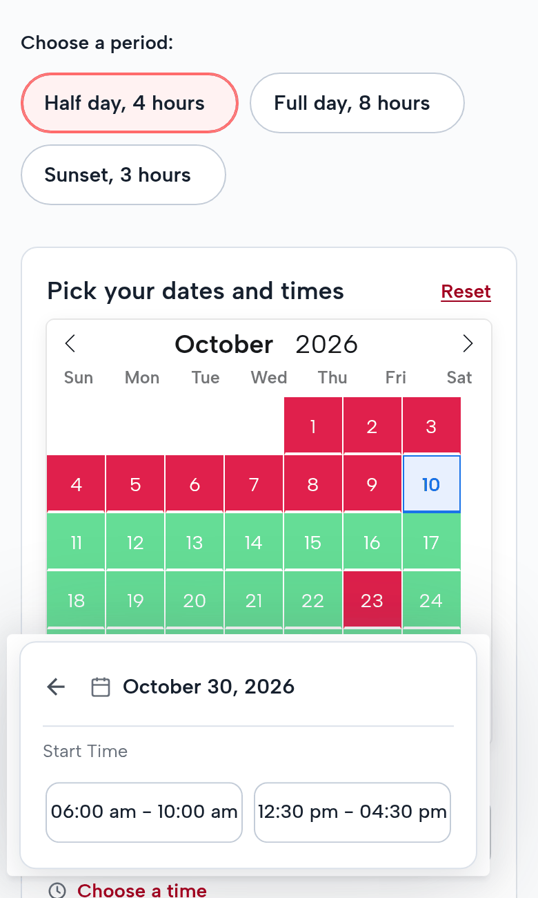 The Bay Boat Charter page on a phone: Choose a period: Half day, 4 hours (chosen), Full day, 8 hours, Sunset, 3 hours; the October calendar; for October 30, 2026 the start times 06:00 am to 10:00 am and 12:30 pm to 04:30 pm