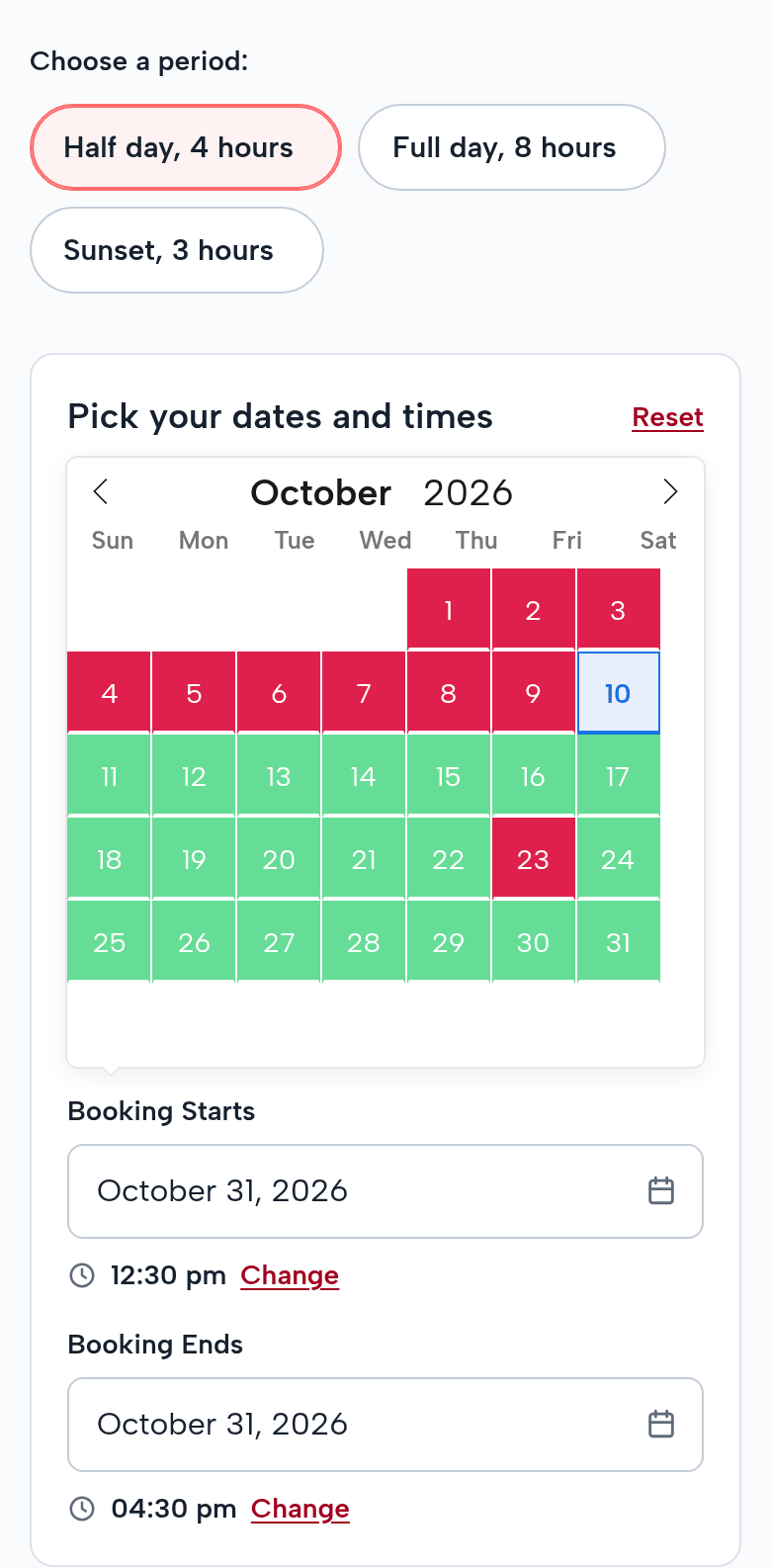 The bay boat booking on a phone for Saturday October 31: Half day, 4 hours chosen; Booking Starts October 31, 2026, 12:30 pm; Booking Ends 4:30 pm: the 6:00 start belongs to the shared trip