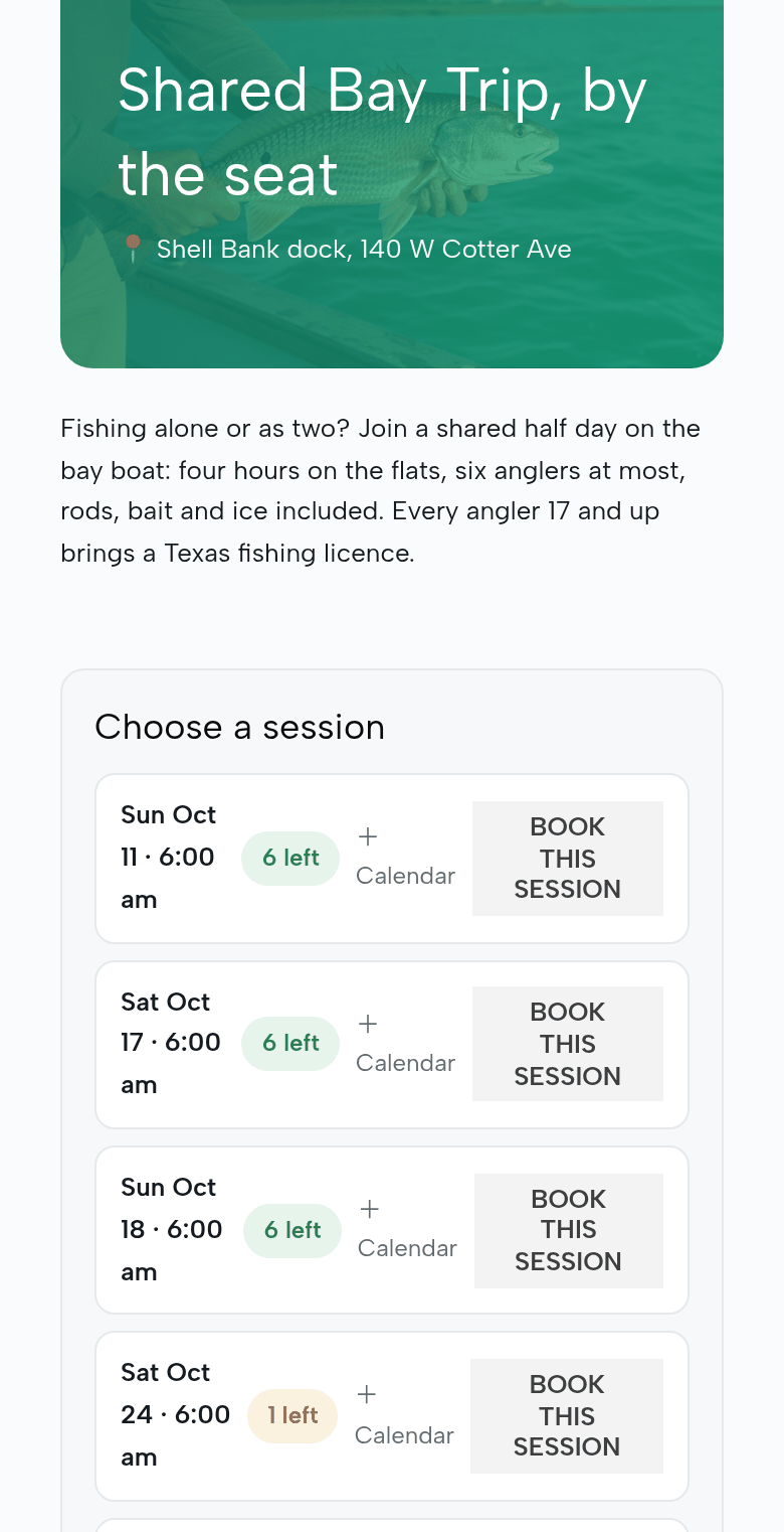 The Shared Bay Trip page on a phone: Choose a session: Sunday October 11, Saturday October 17 and Sunday October 18 at 6:00 am, 6 left each; Saturday October 24, 6:00 am, 1 left