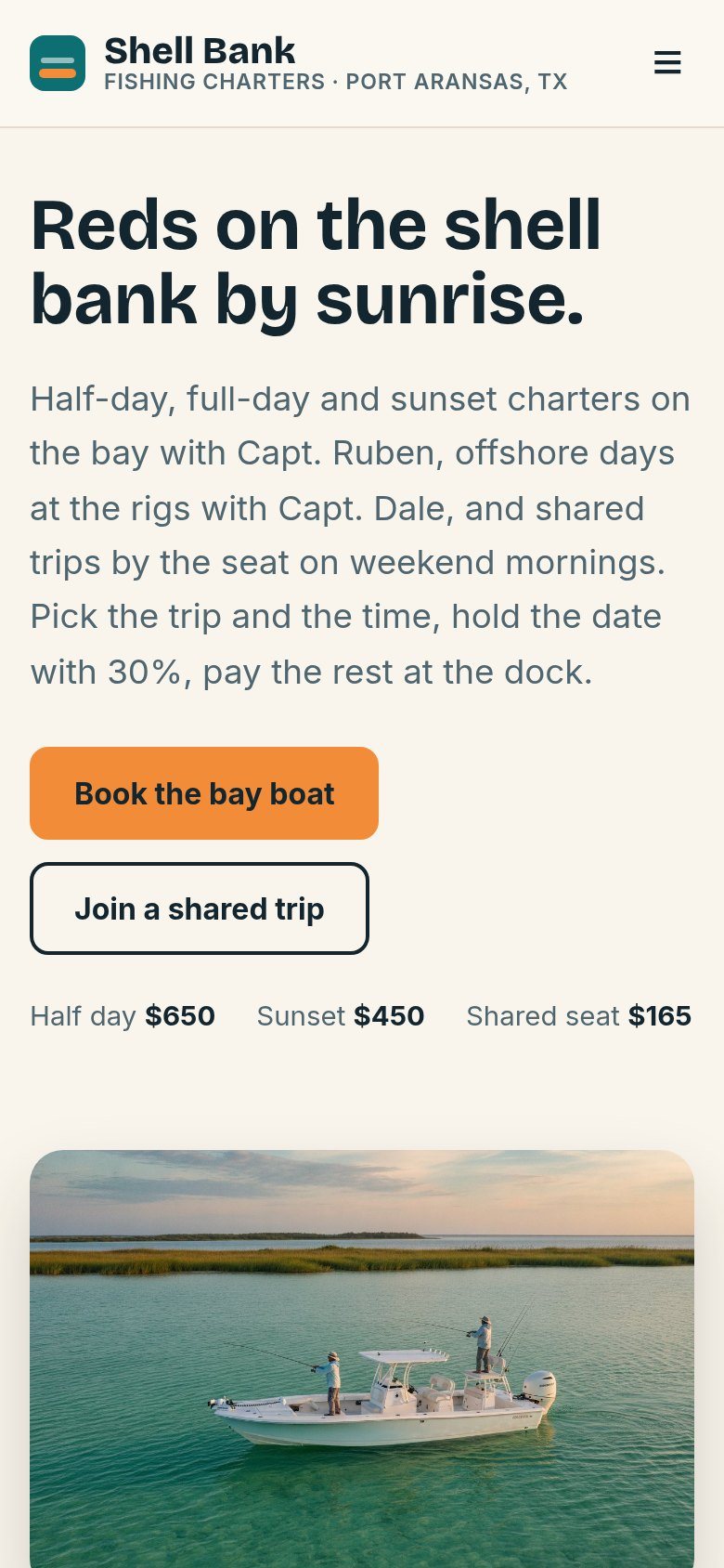 The Shell Bank Fishing Charters website on a phone: Reds on the shell bank by sunrise.