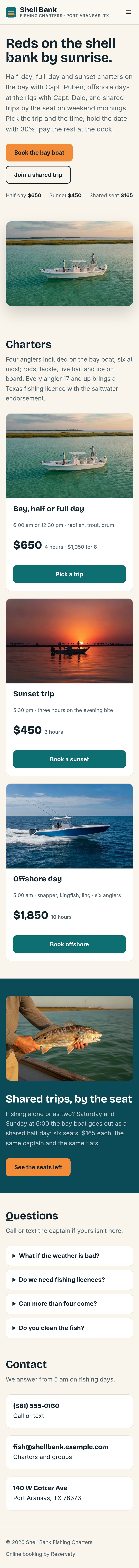 The Shell Bank Fishing Charters website on a phone: Reds on the shell bank by sunrise.; charters; shared trips by the seat