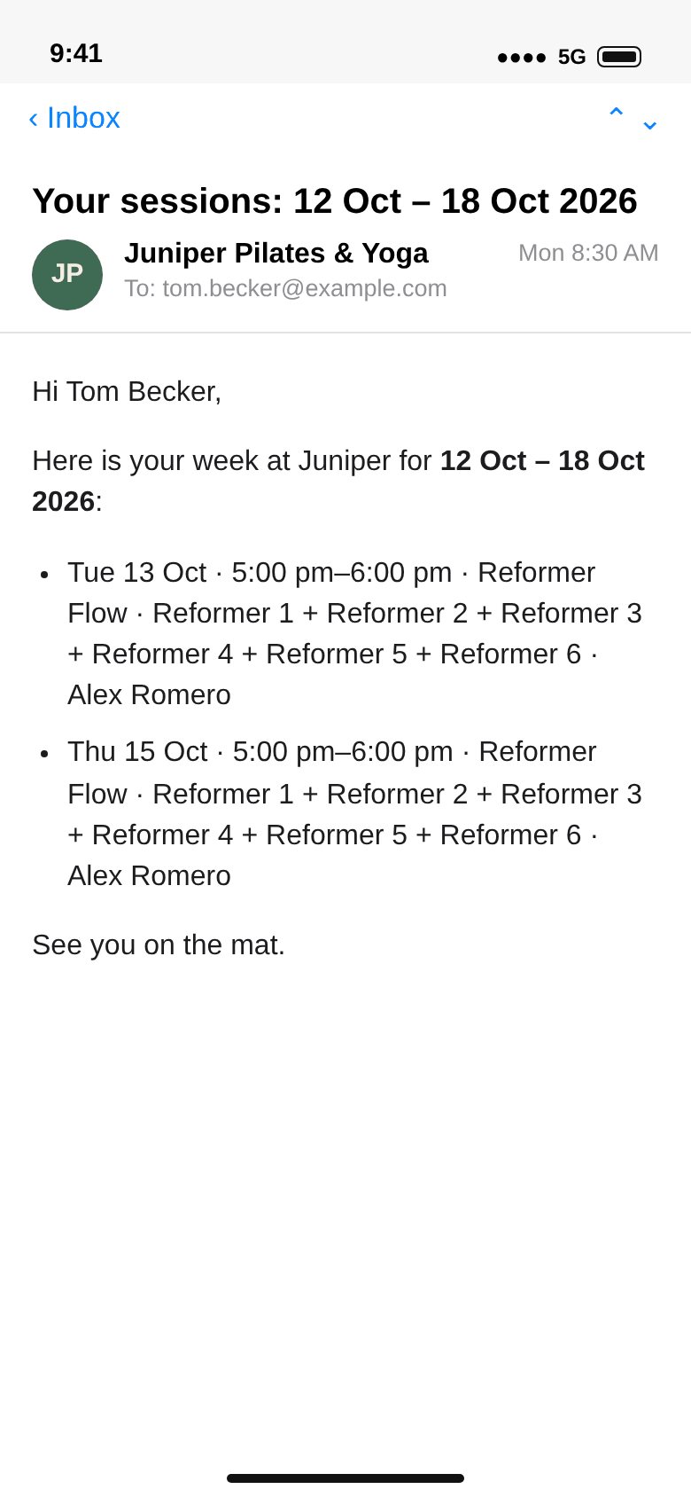 A client’s weekly e-mail from the studio: their classes, days and times