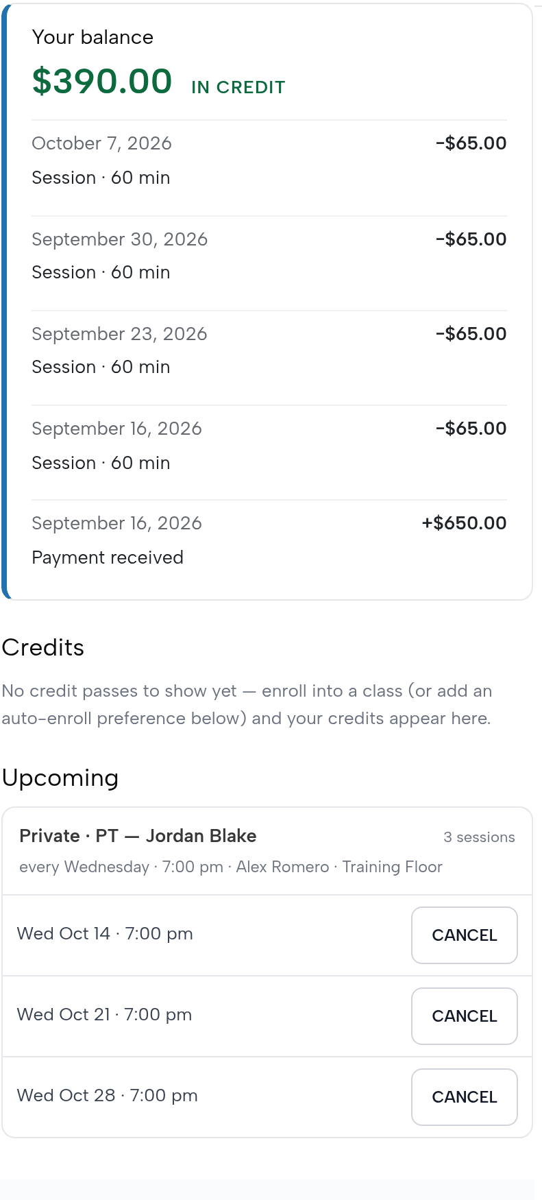 Jordan’s page: the 10-session pack balance and the Wednesdays ahead