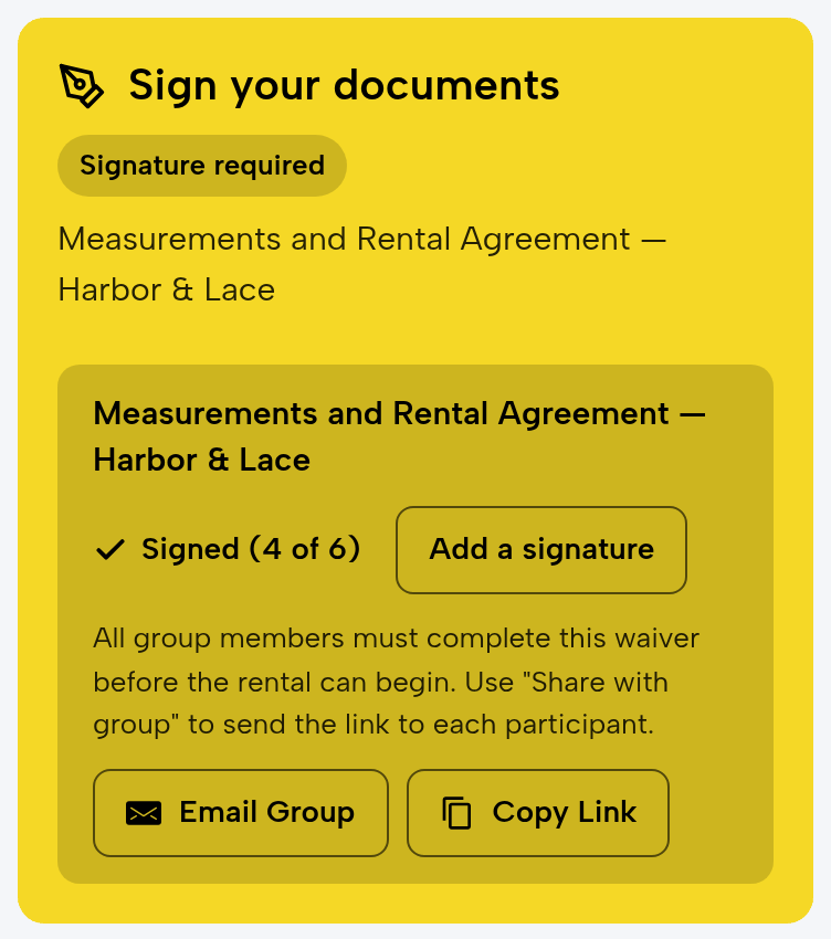 The groom’s booking on a phone: Sign your documents; Measurements and Rental Agreement — Harbor & Lace, Signed (4 of 6), Add a signature; Email Group and Copy Link