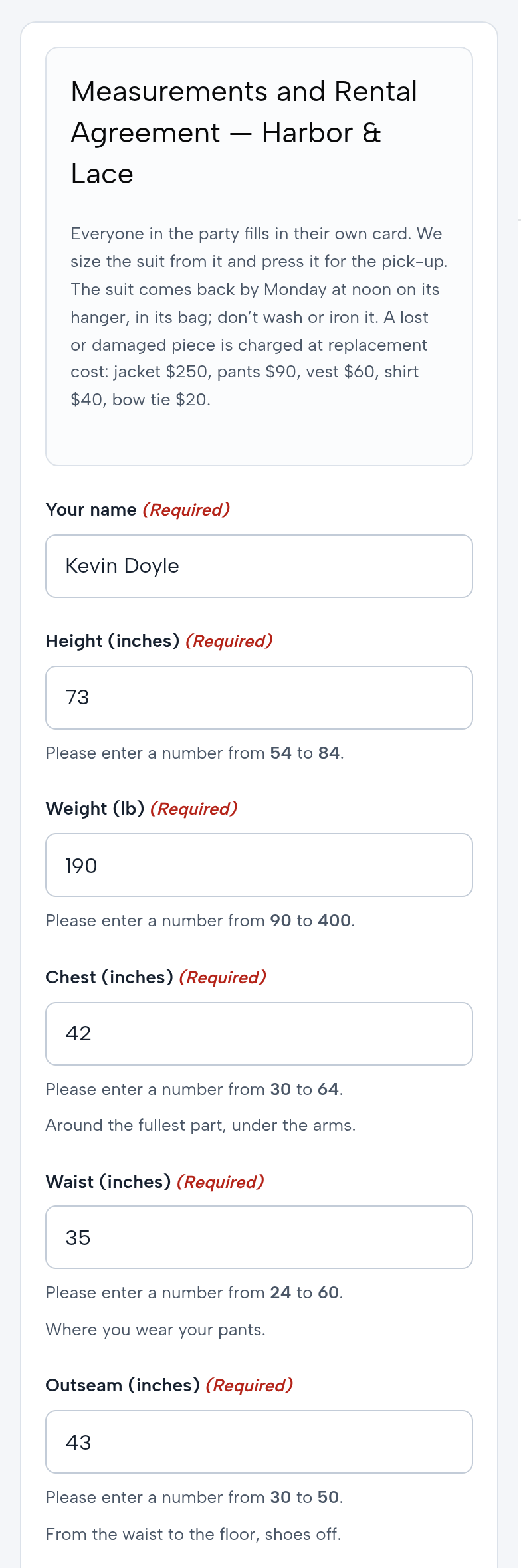 Kevin Doyle’s card on a phone: Measurements and Rental Agreement — Harbor & Lace; everyone in the party fills in their own card; Your name Kevin Doyle; height 73, weight 190, chest 42, waist 35, outseam 43