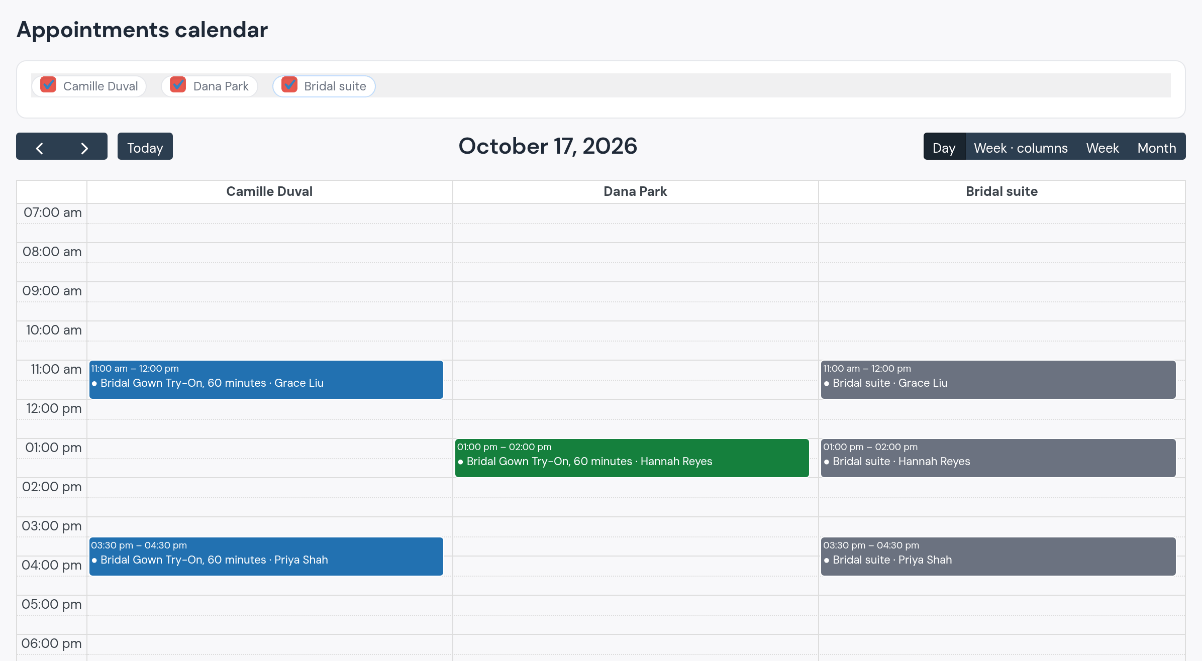 The appointments calendar for Saturday, October 17, 2026: Camille Duval with Grace Liu at 11:00 and Priya Shah at 3:30, Dana Park with Hannah Reyes at 1:00, and the Bridal suite column taken at the same three times