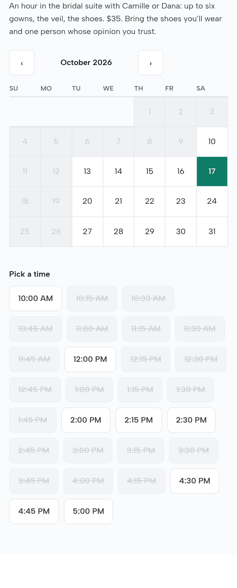 The shop’s Book a bridal try-on page on a phone: October 2026 with Saturday the 17th picked; 10:00 AM, 12:00 PM, 2:00 to 2:30 PM and 4:30 to 5:00 PM open; every start that would overlap a booking in the suite struck through