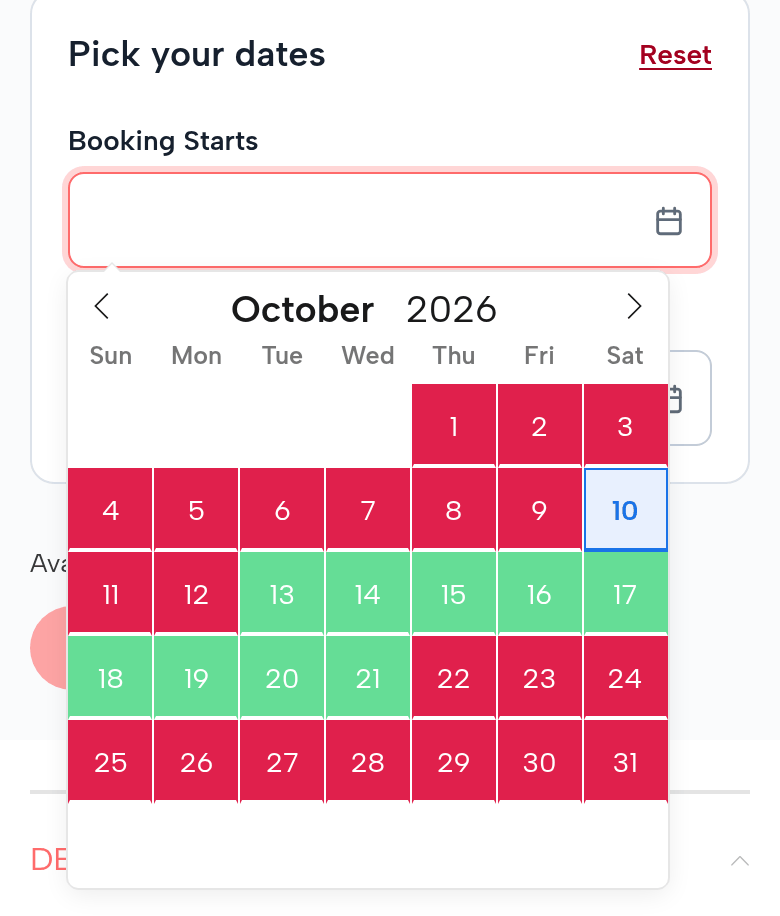 The Midnight Sequin Gown’s calendar for October on a phone: the 11th and 12th red, too soon to ship; the 13th to the 21st free; the 22nd to the 31st red