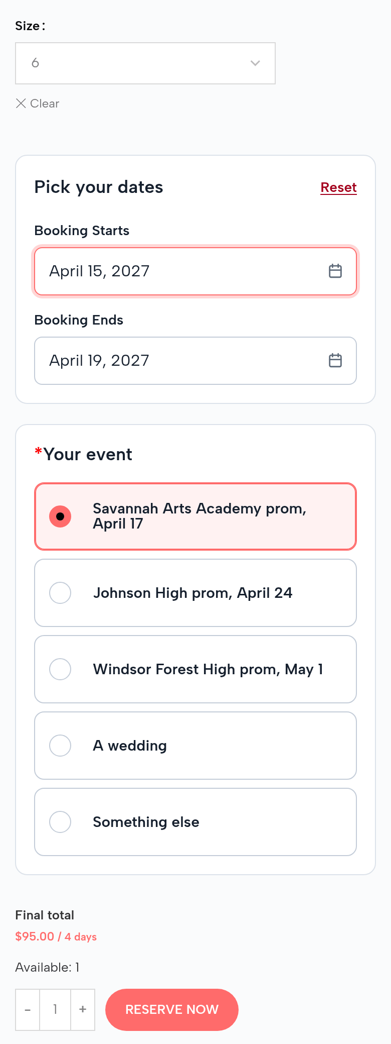 The Emerald Satin Gown on a phone: size 6, April 15 to April 19, 2027; Your event: Savannah Arts Academy prom, April 17 (chosen), Johnson High prom, Windsor Forest High prom, A wedding, Something else; $95.00 for 4 days; Available: 1