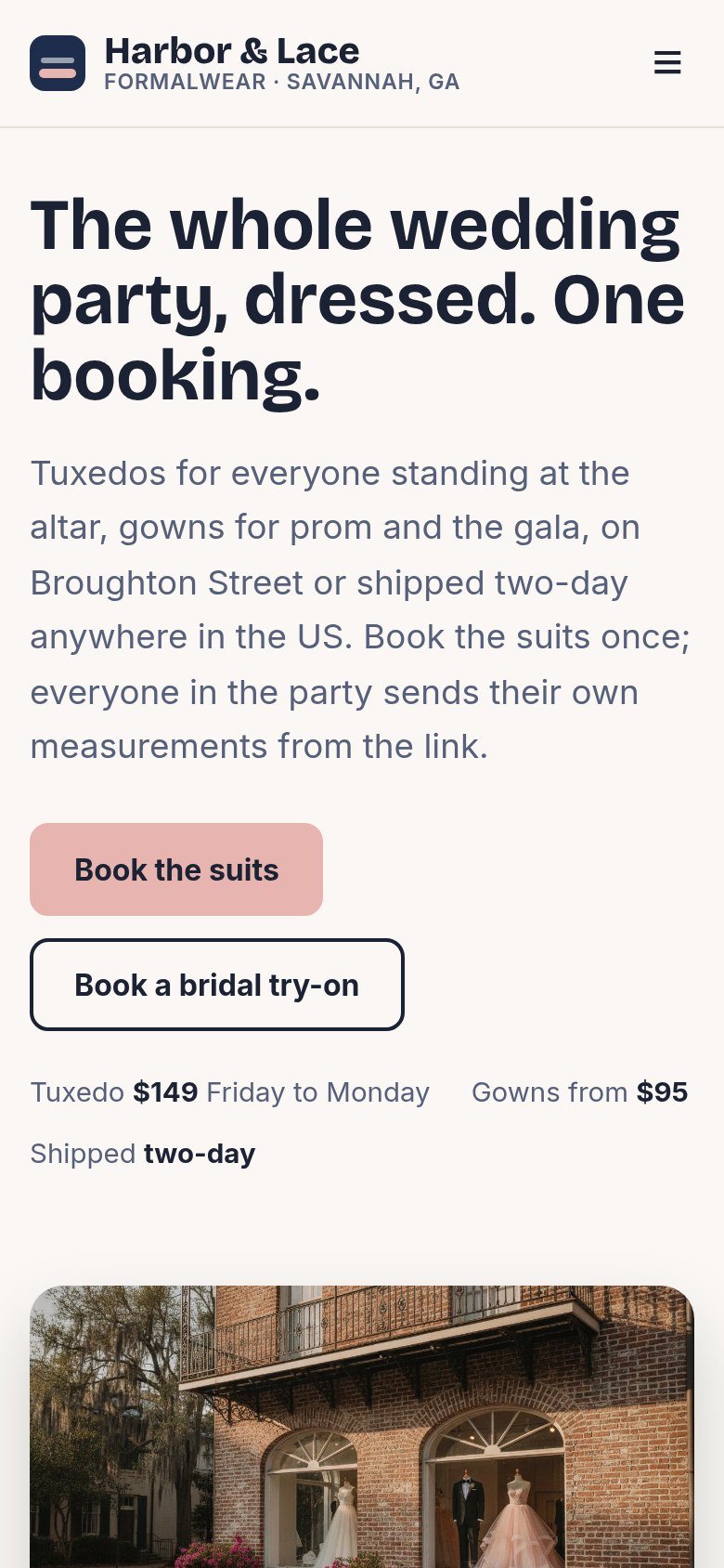 The Harbor & Lace Formalwear website on a phone: The whole wedding party, dressed. One booking.