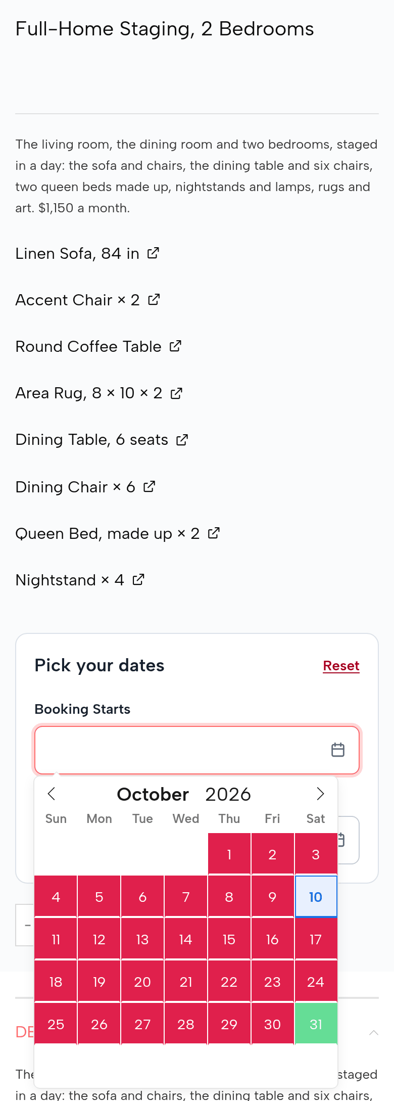 The Full-Home Staging, 2 Bedrooms page on a phone: its pieces, Linen Sofa, Accent Chair × 2, Round Coffee Table, Area Rug × 2, Dining Table, Dining Chair × 6, Queen Bed × 2, Nightstand × 4; the October calendar red until the 30th, the 31st free