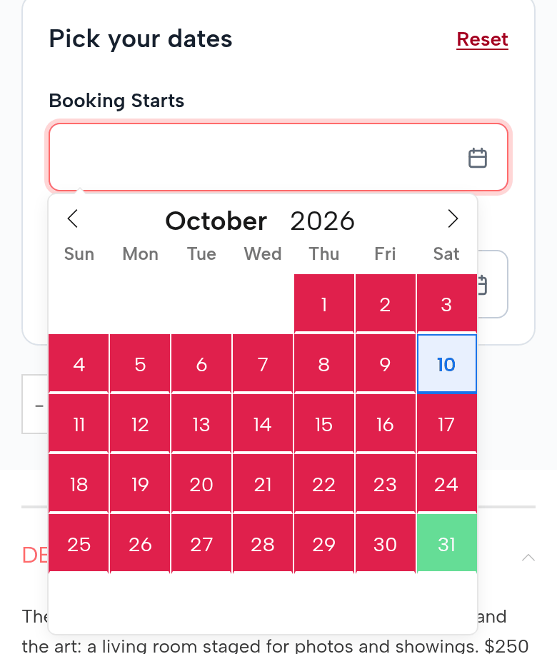 The Living Room Staging Set’s October calendar on a phone: red until the 30th (the sofas are in three listings), the 31st free