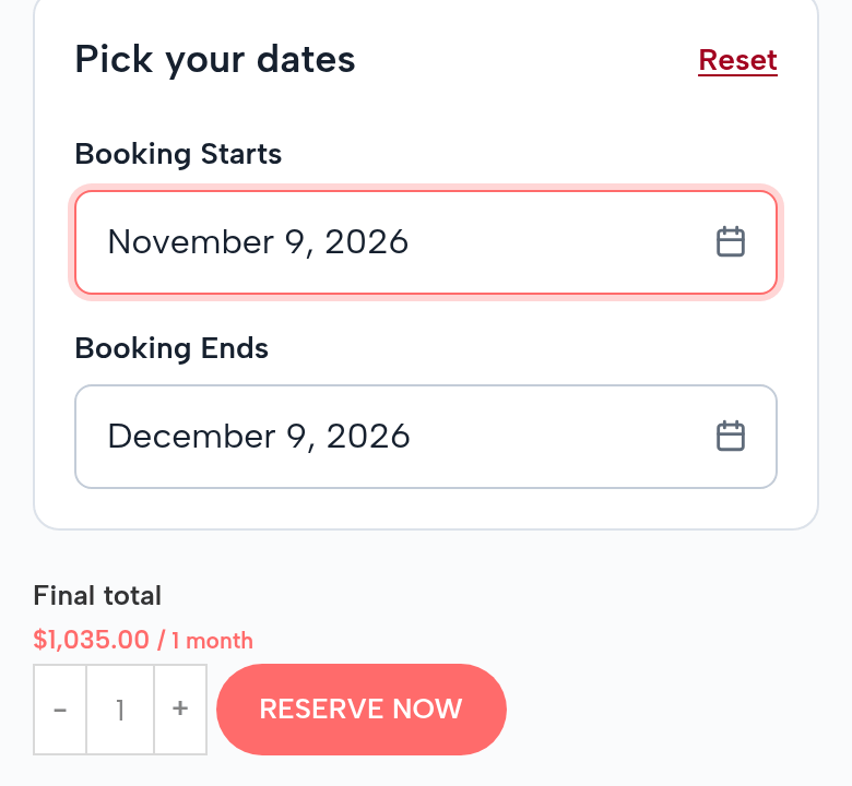 The same page for a partner agent signed in: November 9 to December 9, 2026; final total $1,035.00 for 1 month; Reserve Now