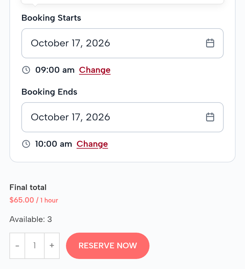 The booking for Saturday October 17, 9:00 to 10:00 am on a phone: final total $65.00 for 1 hour; Available: 3; Reserve Now