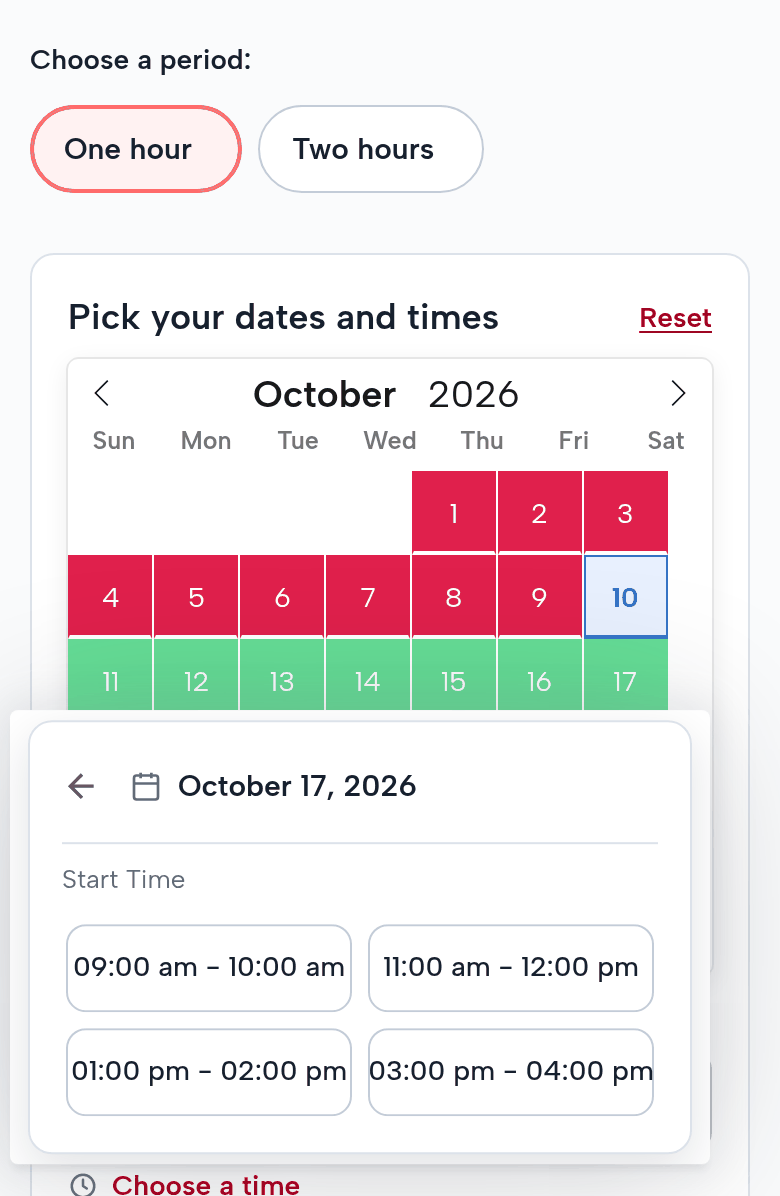 The Guided Trail Ride page on a phone: Choose a period: One hour (chosen) or Two hours; the October calendar; for October 17, 2026 the start times 9:00 to 10:00 am, 11:00 am to 12:00 pm, 1:00 to 2:00 pm and 3:00 to 4:00 pm
