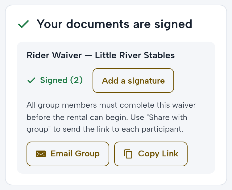 The Brooks booking on a phone: Rider Waiver — Little River Stables, Signed (2); Add a signature; Email Group and Copy Link