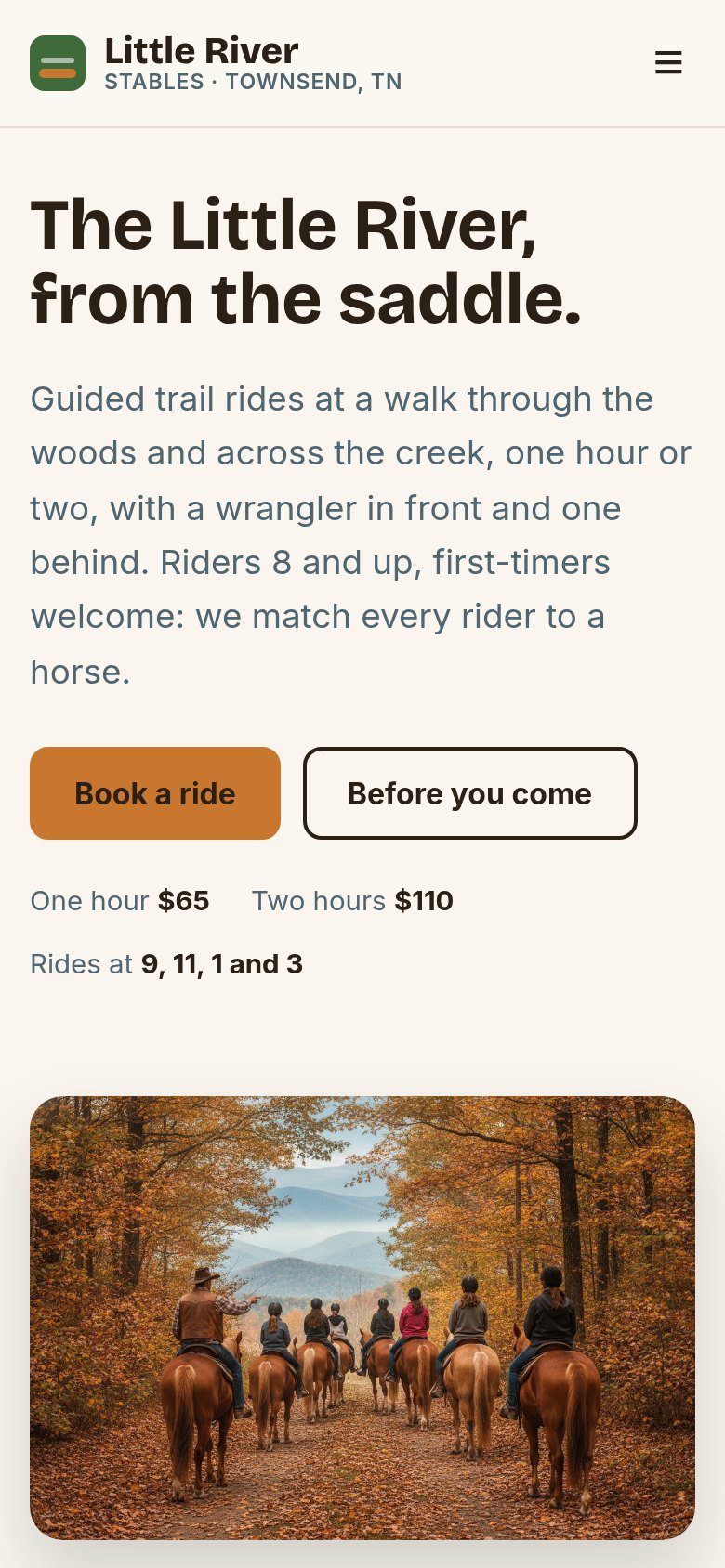 The Little River Stables website on a phone: The Little River, from the saddle.