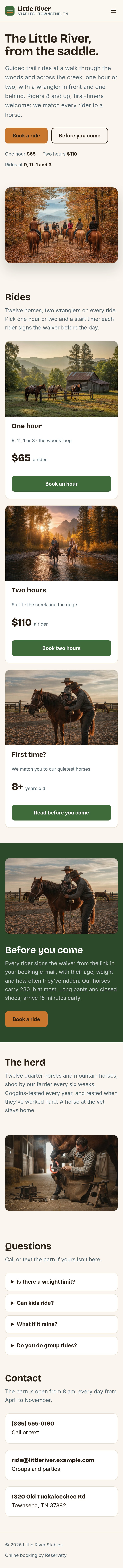 The Little River Stables website on a phone: The Little River, from the saddle.; the rides; before you come; the herd