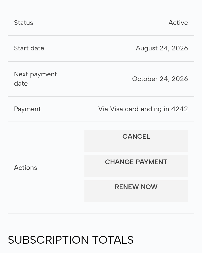 The Kowalski family’s violin rental in their account on a phone: Status Active; Start date August 24, 2026; Next payment date October 24, 2026; Payment via Visa card ending in 4242; Cancel