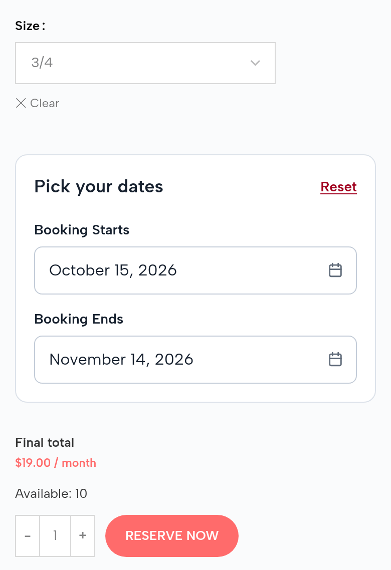 The Student Violin Outfit on a phone: size 3/4, October 15 to November 14, 2026; final total $19.00 / month; Available: 10; Reserve Now