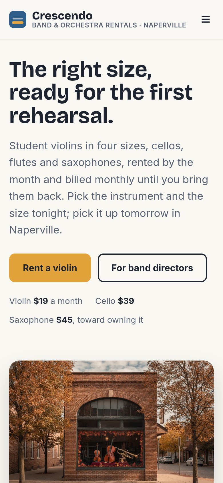 The Crescendo Band & Orchestra Rentals website on a phone: The right size, ready for the first rehearsal.