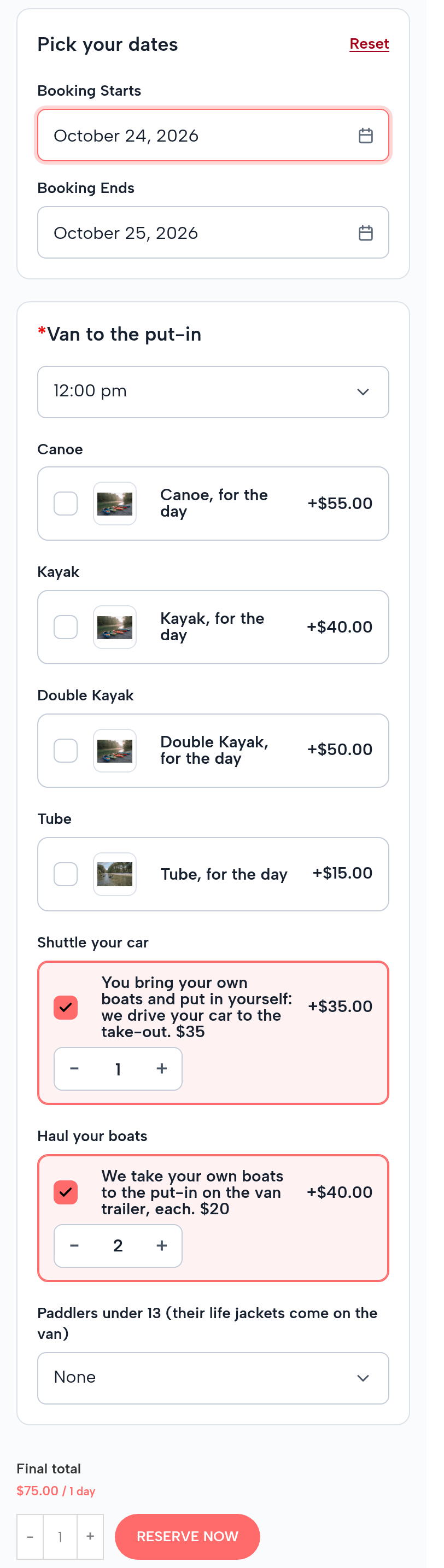 The Mill Creek page on a phone: October 24, 2026; van to the put-in 12:00 pm; no boats; Shuttle your car ticked, 1, +$35.00; Haul your boats ticked, 2, +$40.00; final total $75.00 for 1 day