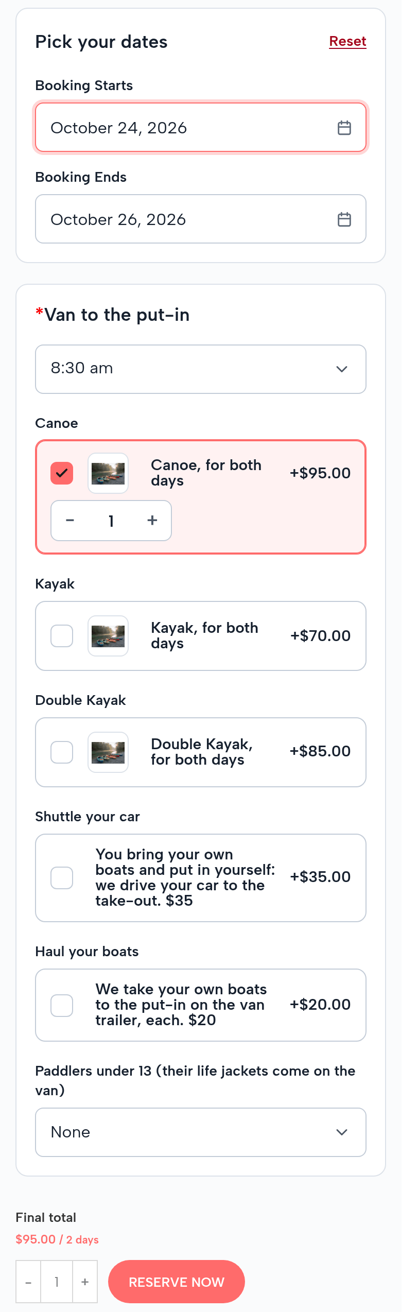 The Rock Ford to Cedar Hollow, overnight page on a phone: October 24 to October 26, 2026; van 8:30 am; Canoe, for both days +$95.00 x 1; Kayak, for both days +$70.00; Double Kayak, for both days +$85.00; final total $95.00 for 2 days