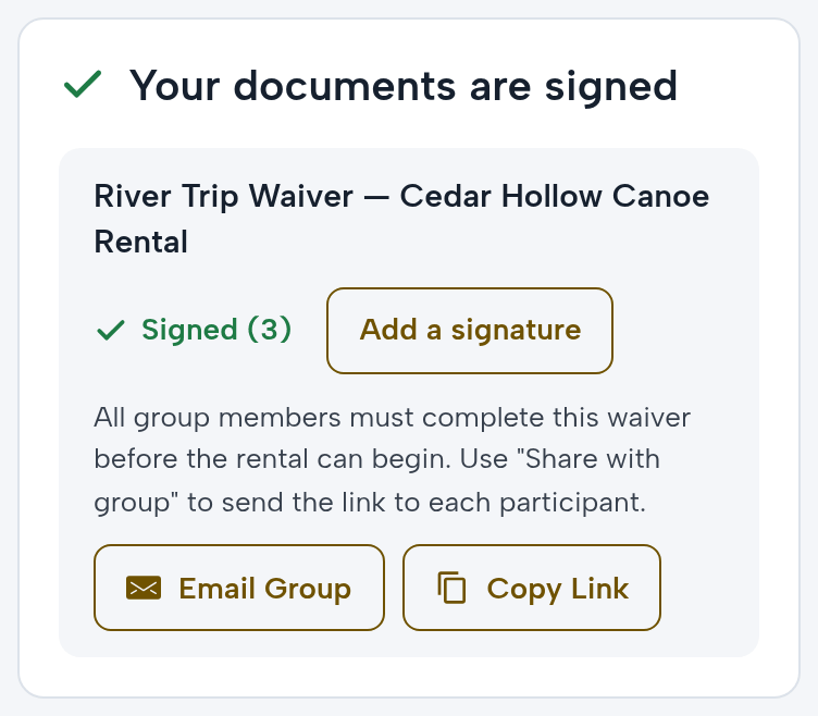 The Doyles’ booking on a phone: your documents are signed; River Trip Waiver — Cedar Hollow Canoe Rental; Signed (3); Add a signature; all group members must complete this waiver before the rental can begin; Email Group and Copy Link