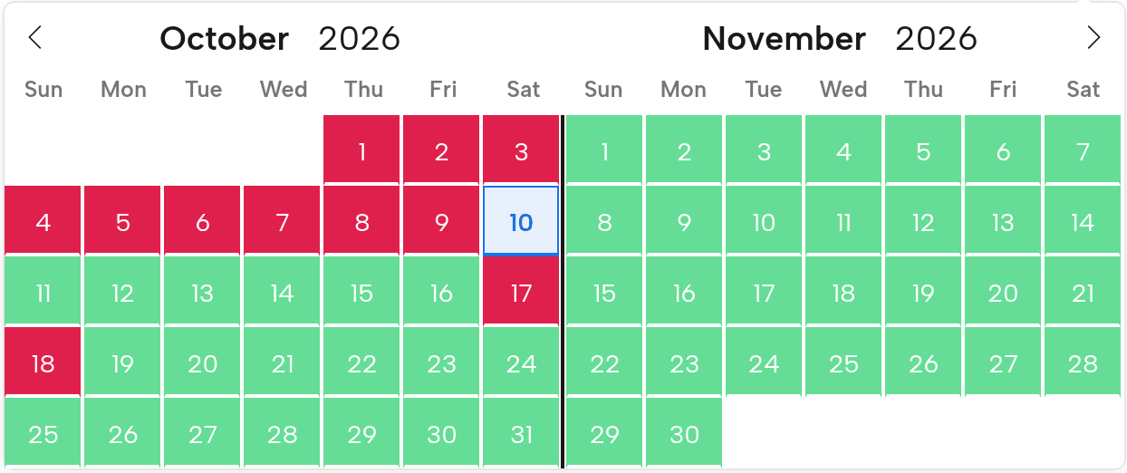 The Mill Creek calendar for October and November 2026: Saturday the 17th and Sunday the 18th closed in red, like the days before today; the rest open in green