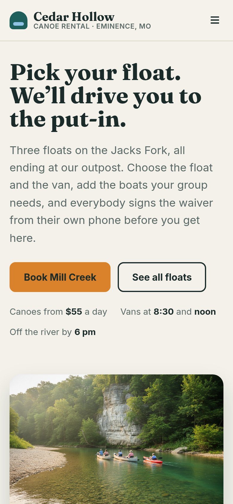 The Cedar Hollow Canoe Rental website on a phone: Pick your float. We’ll drive you to the put-in.