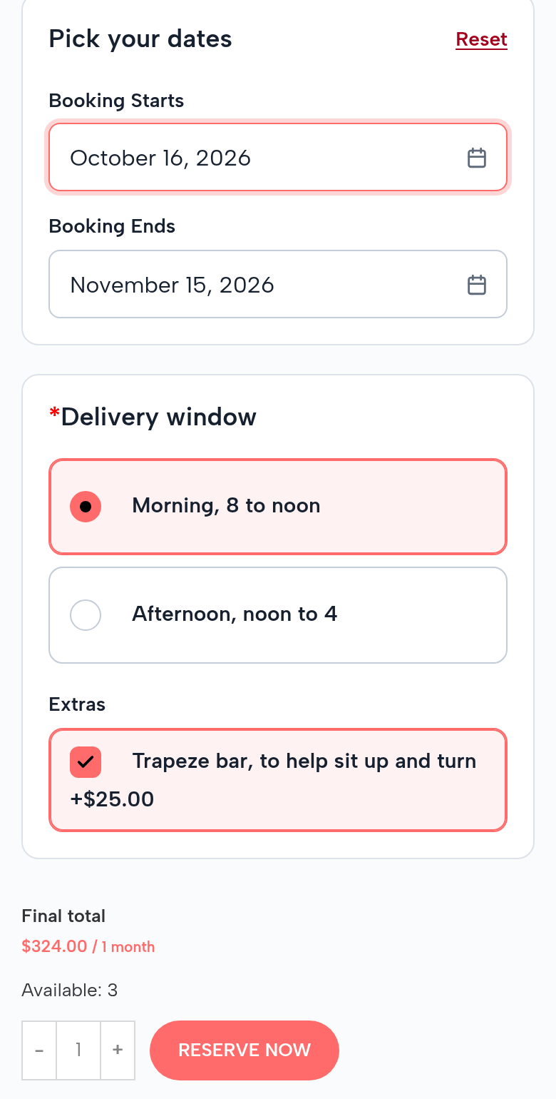 The Full-Electric Hospital Bed on a phone: October 16 to November 15, 2026; Delivery window: Morning, 8 to noon (chosen) or Afternoon, noon to 4; Extras: Trapeze bar, to help sit up and turn, +$25.00; final total $324.00 for 1 month; Available: 3