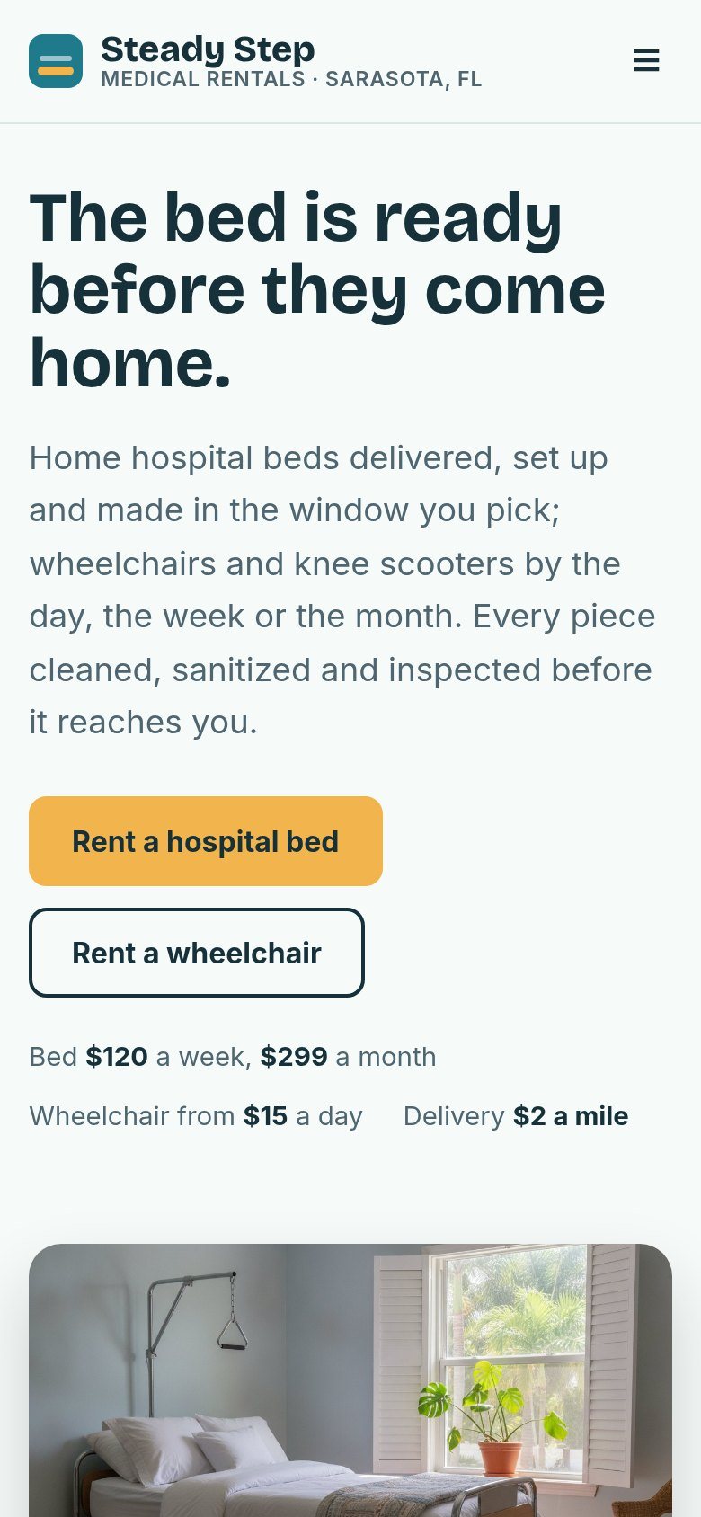 The Steady Step Medical Rentals website on a phone: The bed is ready before they come home.