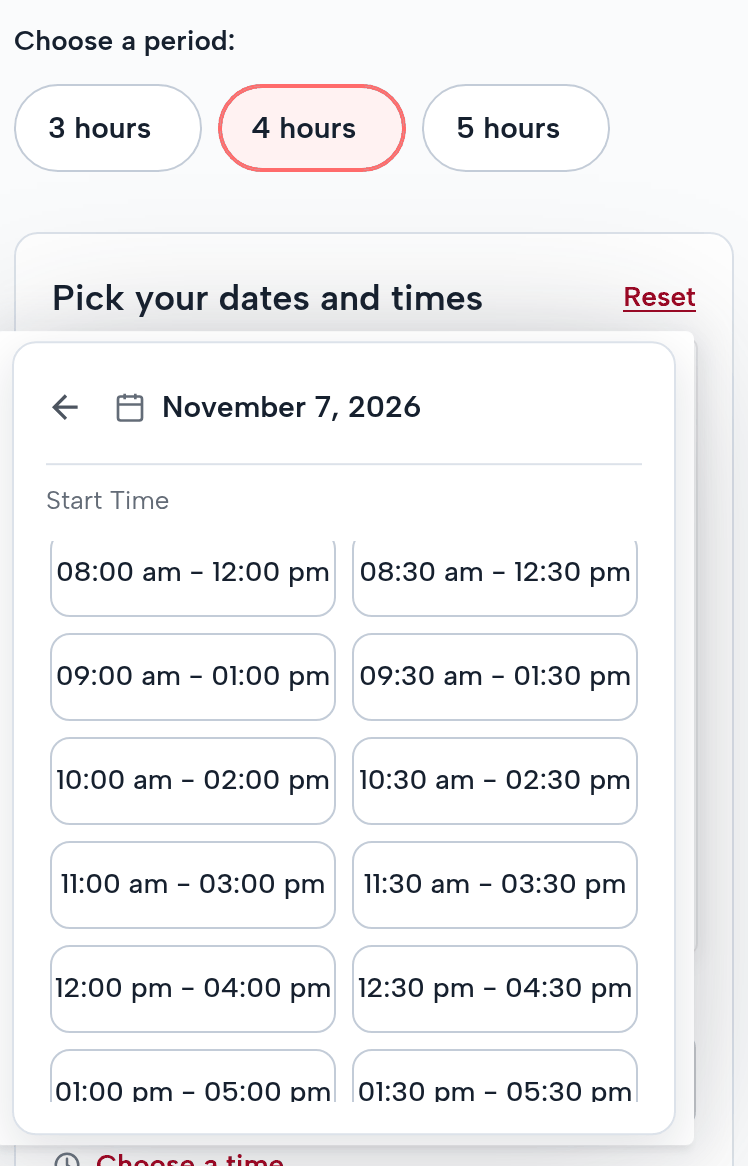 The Open-Air Booth page on a phone: Choose a period, 3 hours, 4 hours (chosen), 5 hours; Saturday, November 7; the start times as four-hour windows: 8:00 am to 12:00 pm, 8:30 am to 12:30 pm, 9:00 am to 1:00 pm…