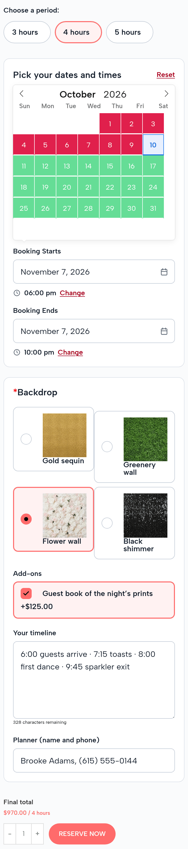 The Open-Air Booth page on a phone: November 7, 6:00 pm to 10:00 pm; backdrop Flower wall chosen among Gold sequin, Greenery wall and Black shimmer; the guest book ticked, +$125.00; the timeline: 6:00 guests arrive, 7:15 toasts, 8:00 first dance, 9:45 sparkler exit; planner Brooke Adams; final total $970.00