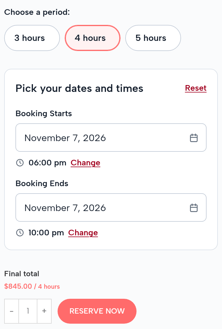 Saturday, November 7, 6:00 pm to 10:00 pm, 4 hours: final total $845.00