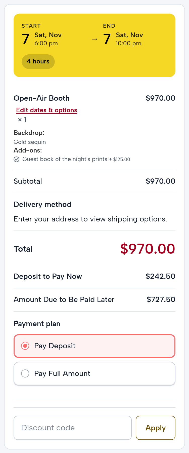 The checkout summary on a phone: Saturday, November 7, 6:00 pm to 10:00 pm, 4 hours; Open-Air Booth $970.00 with the Gold sequin backdrop and the guest book; total $970.00; deposit to pay now $242.50; amount due later $727.50; Pay Deposit or Pay Full Amount