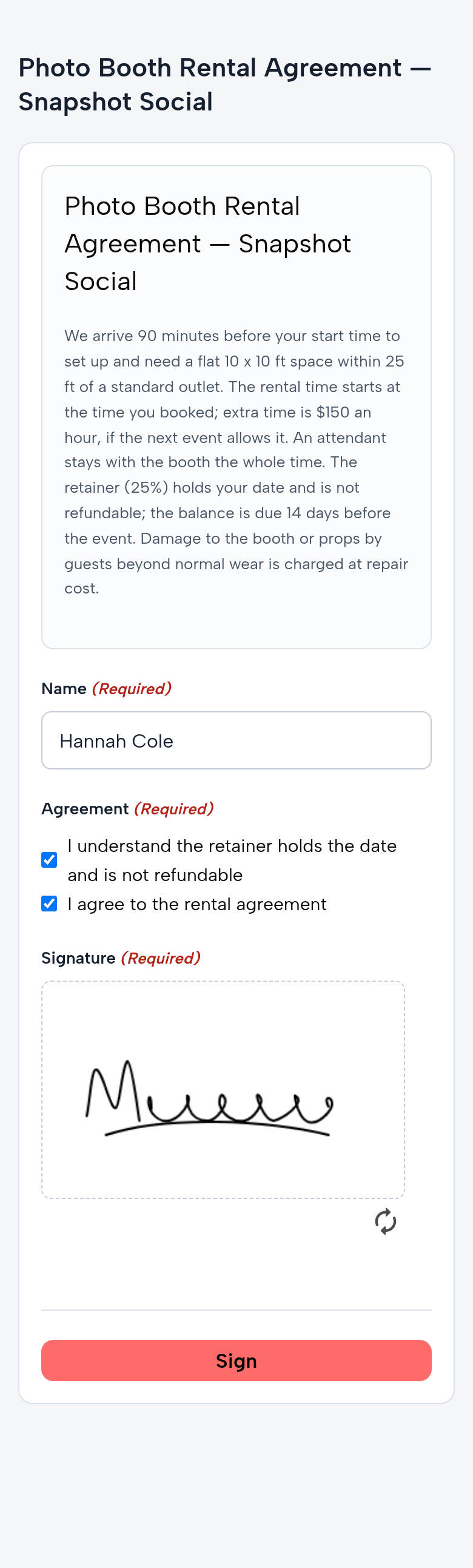 The Photo Booth Rental Agreement on Hannah Cole’s phone: the terms, the name, both boxes ticked (the retainer holds the date and is not refundable; I agree) and the signature