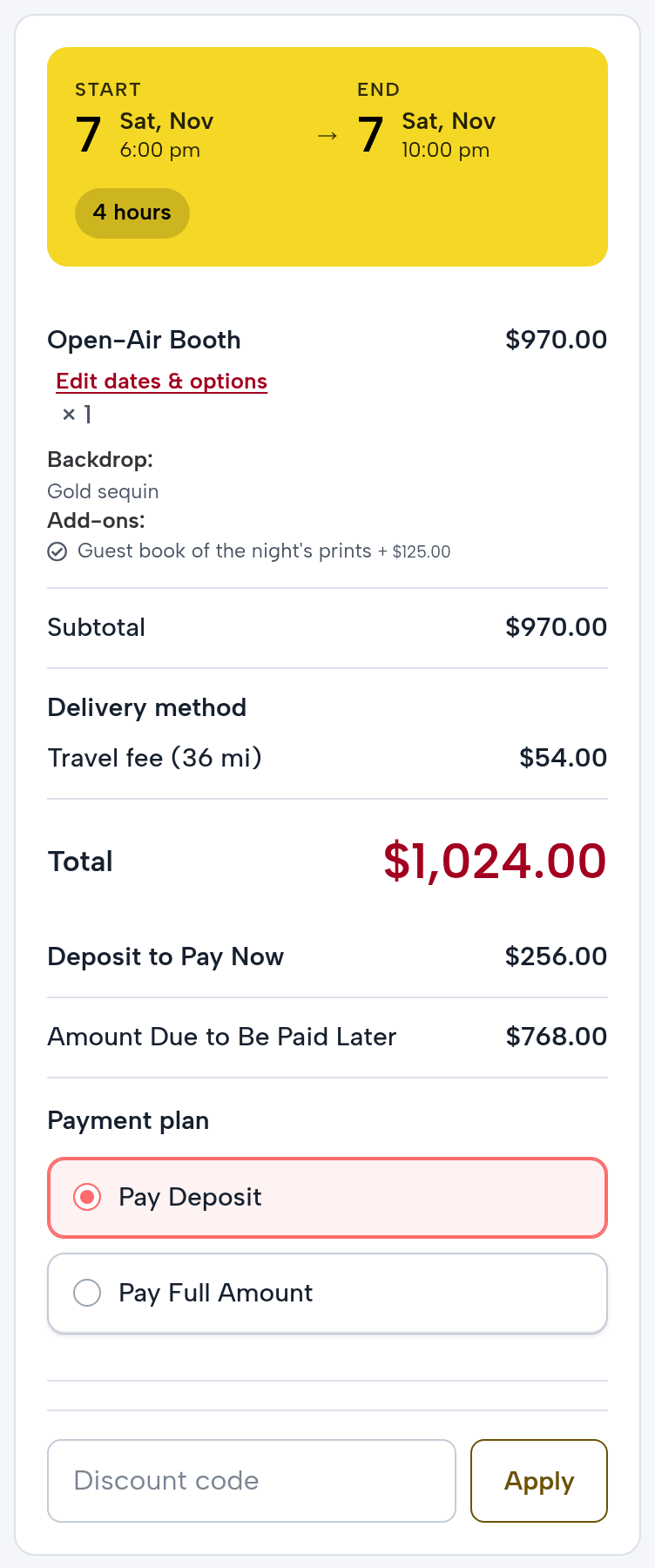 The checkout summary on a phone with a Murfreesboro venue: Saturday, November 7, 6:00 pm to 10:00 pm; Open-Air Booth $970.00 with the Gold sequin backdrop and the guest book; subtotal $970.00; Travel fee (36 mi) $54.00; total $1,024.00; deposit to pay now $256.00, amount due later $768.00
