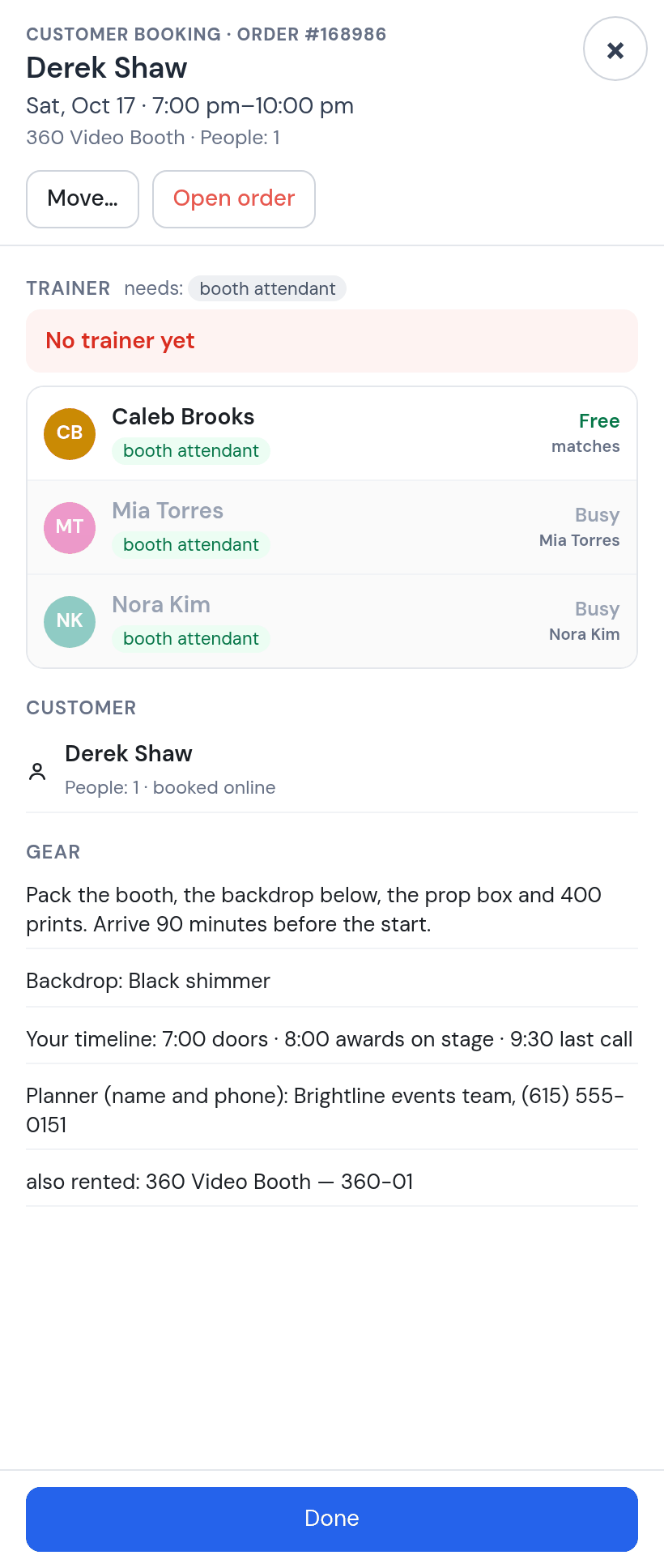 The booking sheet for Derek Shaw’s 360 Video Booth, Saturday, October 17, 7:00 to 10:00 pm: needs a booth attendant, none yet; Caleb Brooks free, Mia Torres busy, Nora Kim busy; gear: pack the booth, the backdrop and 400 prints, arrive 90 minutes early; backdrop Black shimmer; the timeline: 7:00 doors, 8:00 awards on stage, 9:30 last call