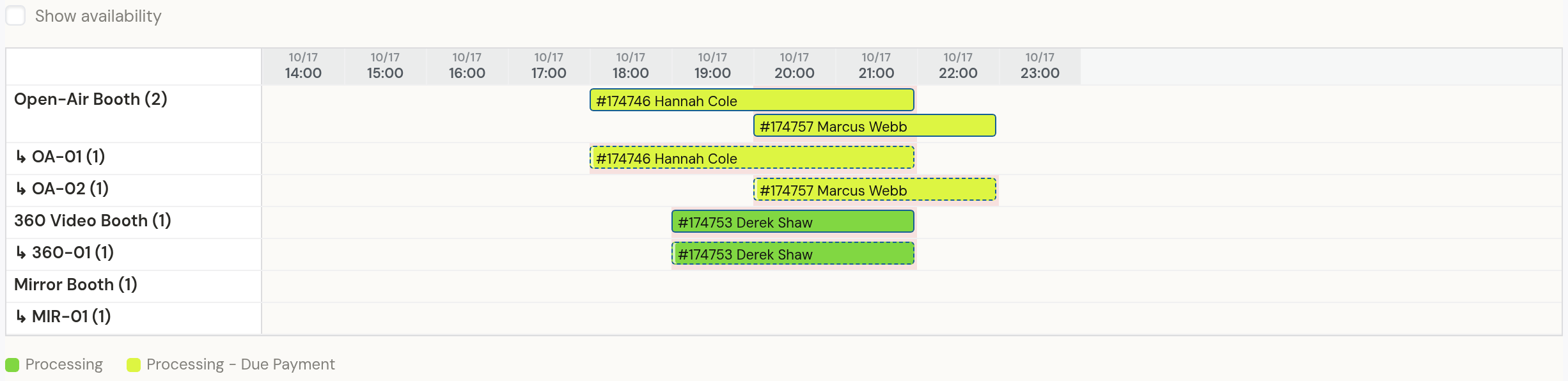 The Booking Schedule timeline for Saturday October 17, 2 pm to midnight by the hour: Open-Air Booth (2), OA-01 with Hannah Cole from 6:00 to 10:00 and OA-02 with Marcus Webb from 8:00 to 11:00; 360 Video Booth, 360-01 with Derek Shaw from 7:00 to 10:00; Mirror Booth, MIR-01 free; the legend: Processing, Processing – Due Payment