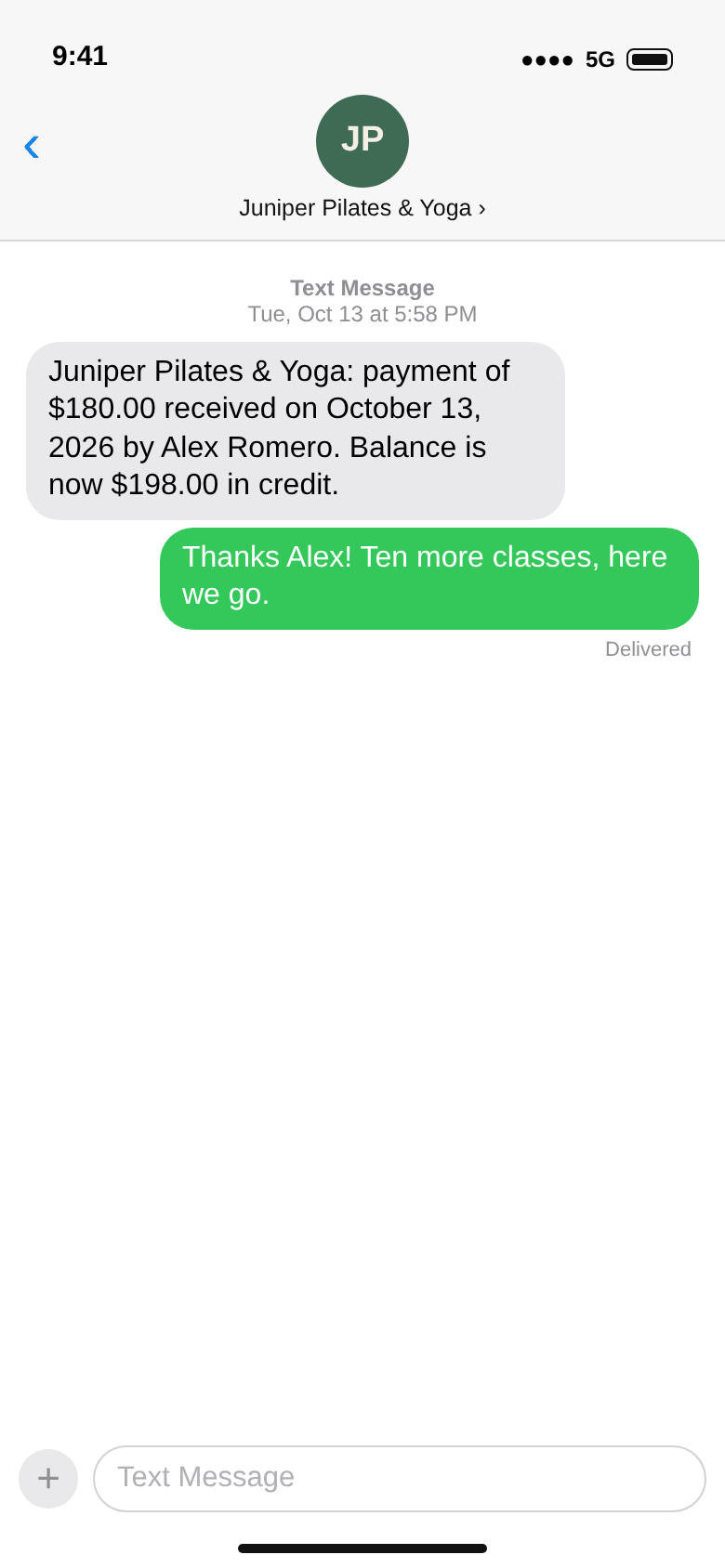 The receipt text Sara gets, with her reply
