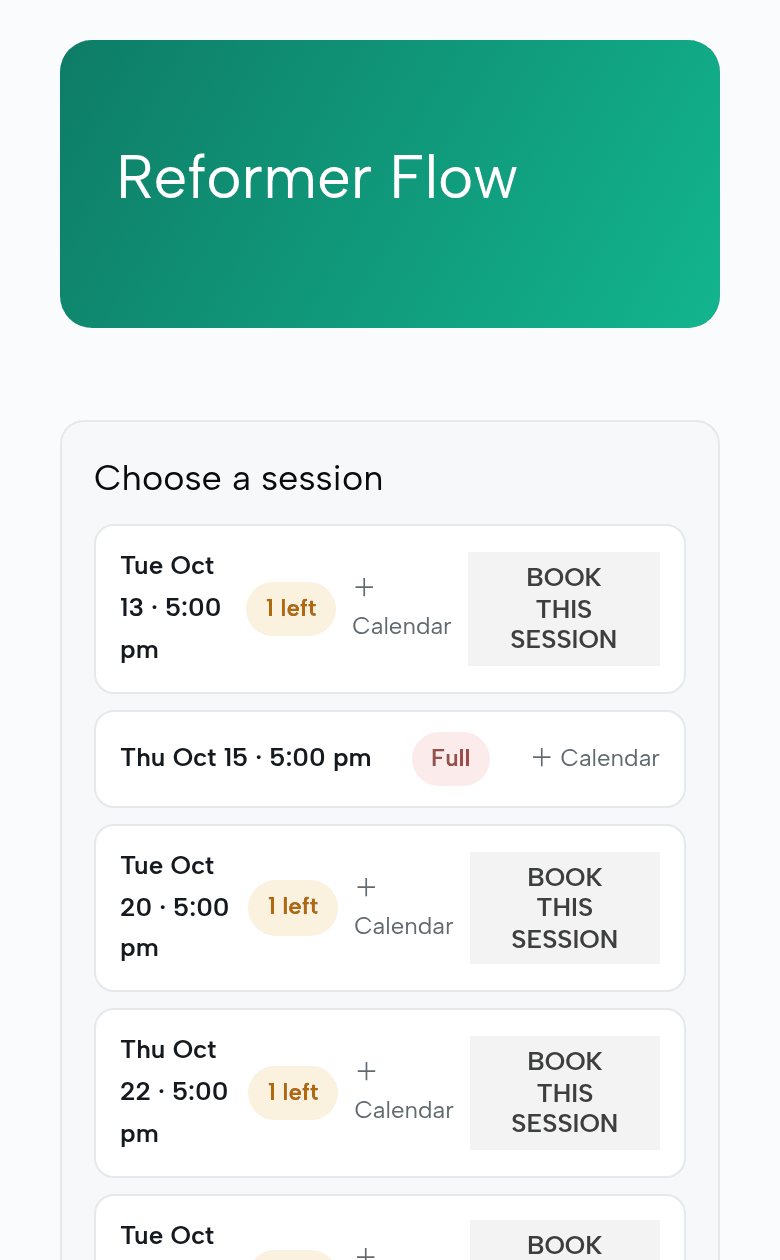 The class page on a client’s phone: Thursday’s Reformer Flow, six of six, Full