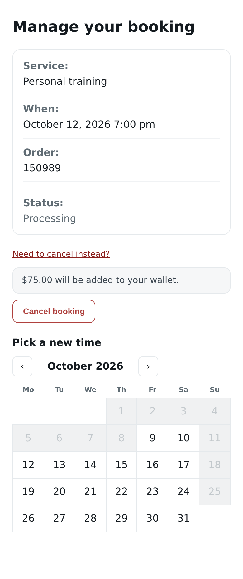 Ben’s booking page: move the session to another free hour, or cancel