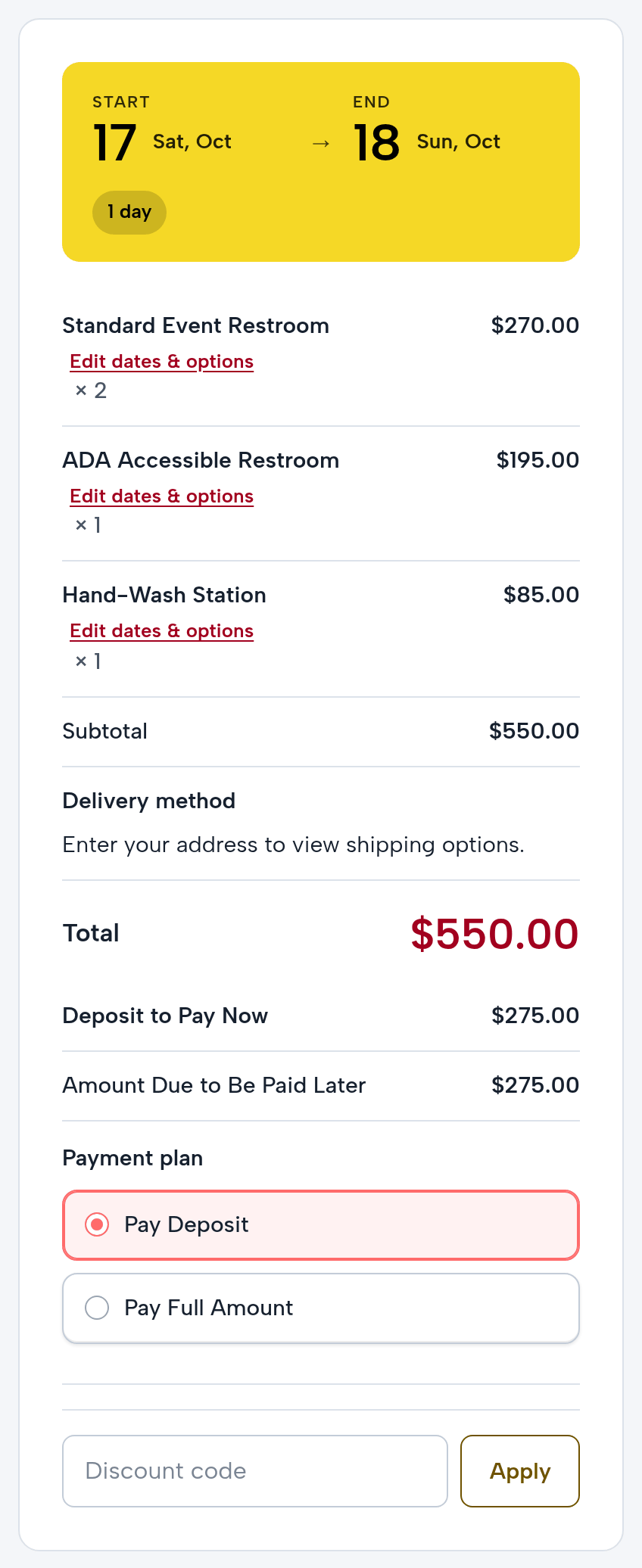 Checkout for Saturday, October 17: two standard event restrooms $270, one ADA restroom $195, one hand-wash station $85; total $550.00, deposit to pay now $275.00, amount due later $275.00