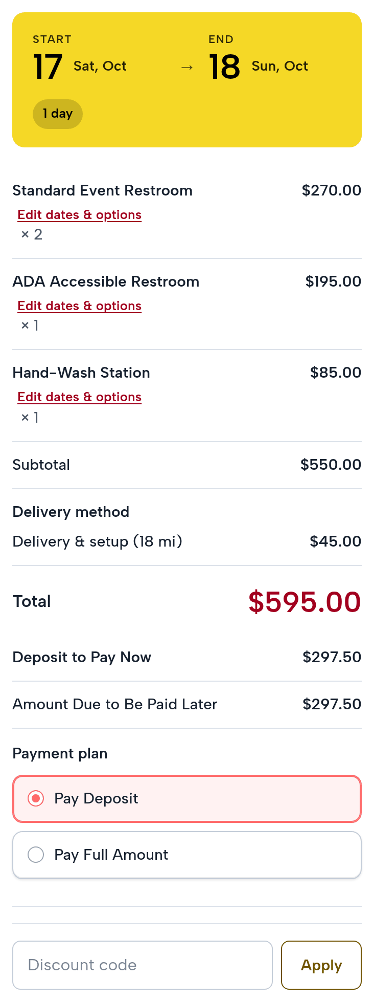 The same checkout with a Bentonville address: two standard event restrooms, one ADA restroom, one hand-wash station for Saturday, October 17; subtotal $550.00; delivery method: Delivery & setup (18 mi) $45.00; total $595.00; deposit to pay now $297.50, amount due later $297.50