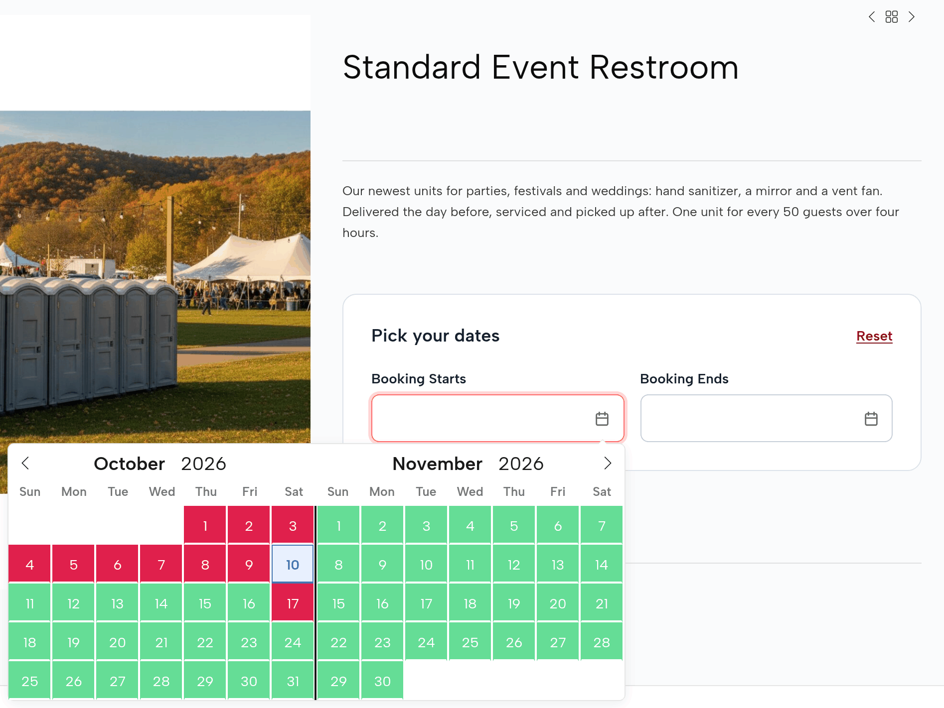 The Standard Event Restroom calendar for October with three units requested: October 17 in red, October 18 and later in green