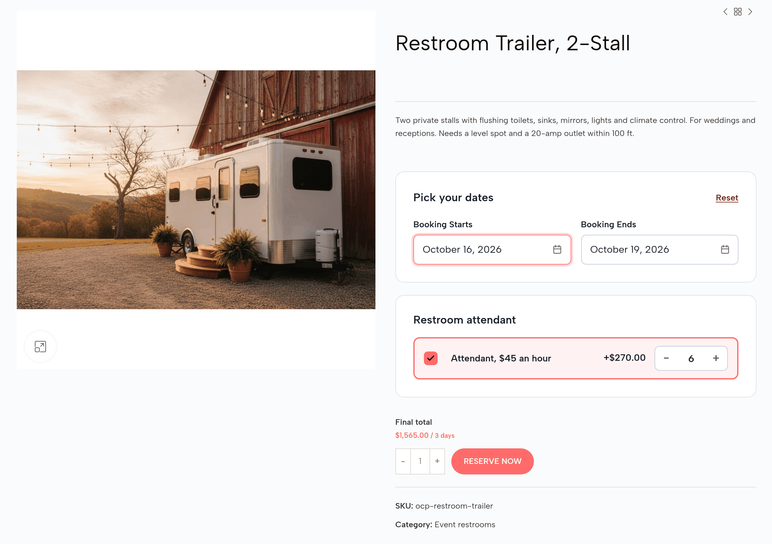 The Restroom Trailer, 2-Stall page: October 16 to 19, Attendant at $45 an hour ticked for 6 hours (+$270.00), final total $1565.00